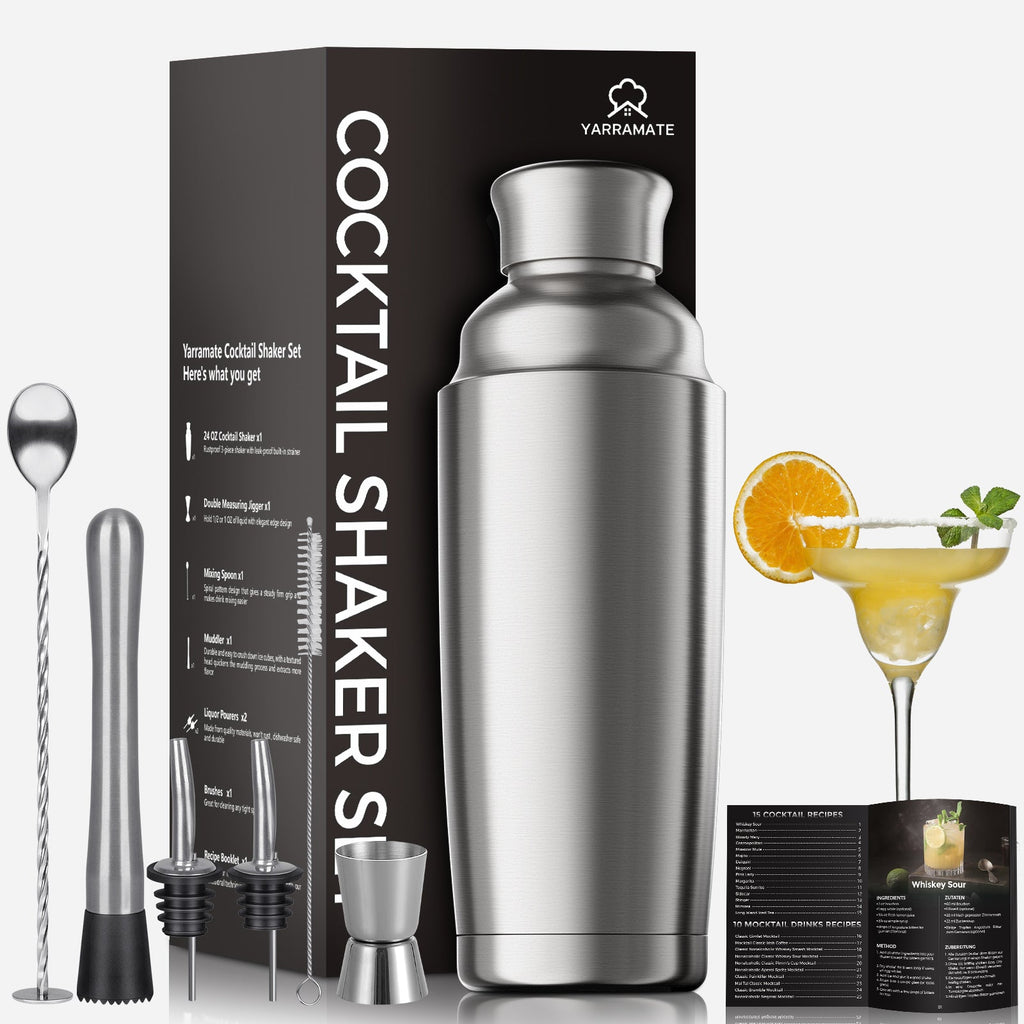 YARRAMATE 8-Pcs 24 oz Cocktail Shaker Set with Built-in Strainer - Premium Vacuum Insulated Stainless Steel Martini Shaker Kit