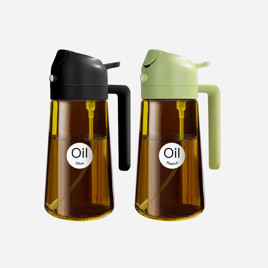 2 in 1 Oil Sprayer Bottle Dispenser 2Pcs 16oz Glass Olive Oil Sprayer Cooking Oil Sprayer Bottle for Kitchen Salad, Grill, BBQ, Dark Brown (Sticker Included)
