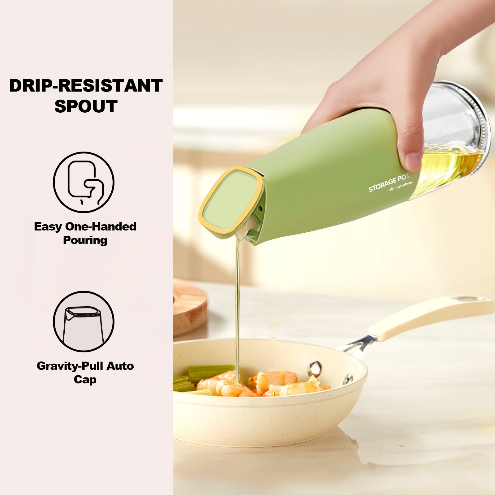 Auto-Flip Gravity Olive Oil & Soy Sauce Dispenser Bottle - 500ml/17oz Easy Cleaning, Leakproof(Green)