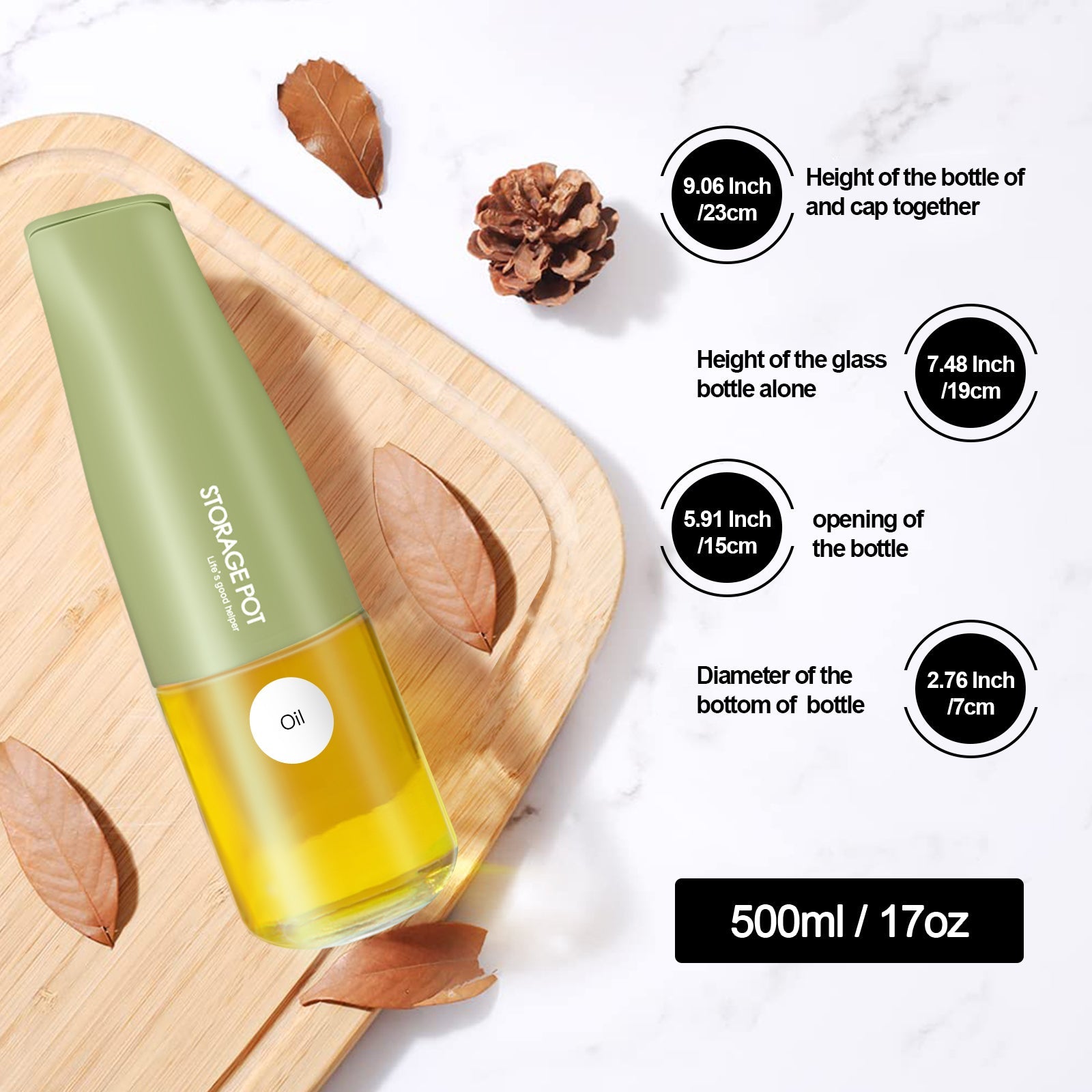 Auto-Flip Gravity Olive Oil & Soy Sauce Dispenser Bottle - 500ml/17oz Easy Cleaning, Leakproof(Green)