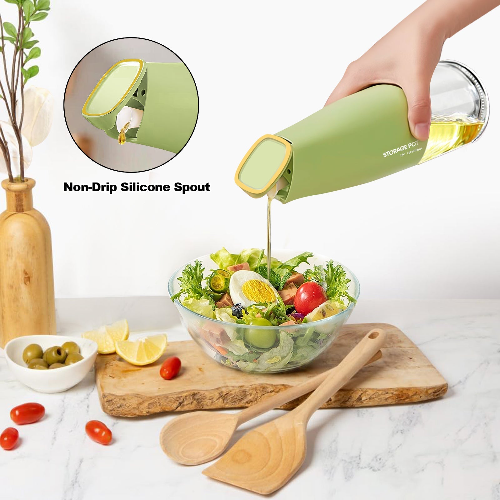 Auto-Flip Gravity Olive Oil & Soy Sauce Dispenser Bottle - 500ml/17oz Easy Cleaning, Leakproof(Green)