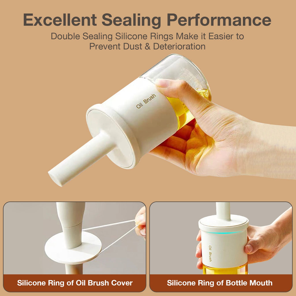Heat-Resistant Glass Oil Dispenser Bottle with Food Grade Silicone Brush - 10oz/300ml Baking & Cooking Essential, Ergonomic Design, Leakproof (White)