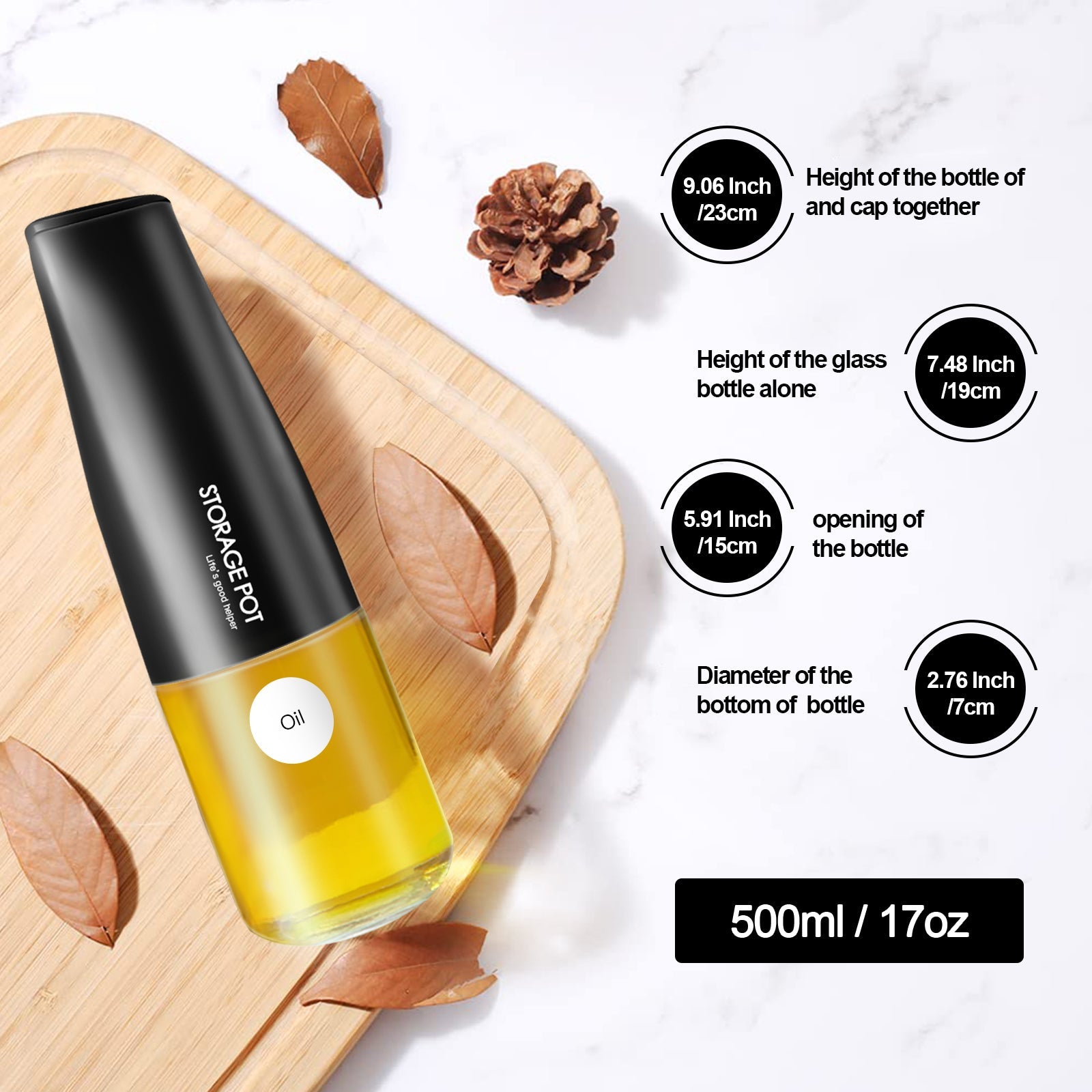 Auto-Flip Gravity Olive Oil & Soy Sauce Dispenser Bottle - 500ml/17oz Easy Cleaning, Leakproof(Black)