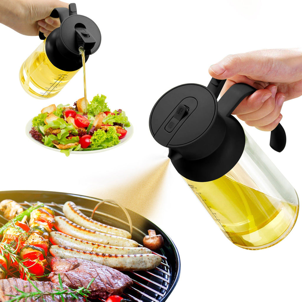 YARRAMATE 2-in-1 XL Olive Oil Dispenser & Sprayer - 18oz/550ml Food-Grade Oil Spritzer Bottle for Air Fryer, BBQ, Salad - Leakproof Kitchen Tool with 360° Spray (Black)