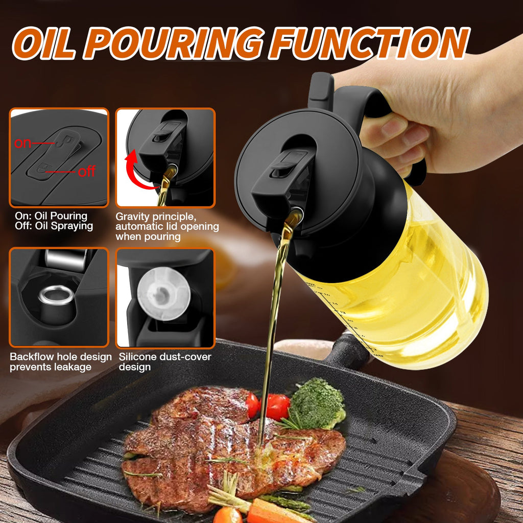 YARRAMATE 2-in-1 XL Olive Oil Dispenser & Sprayer - 18oz/550ml Food-Grade Oil Spritzer Bottle for Air Fryer, BBQ, Salad - Leakproof Kitchen Tool with 360° Spray (Black)