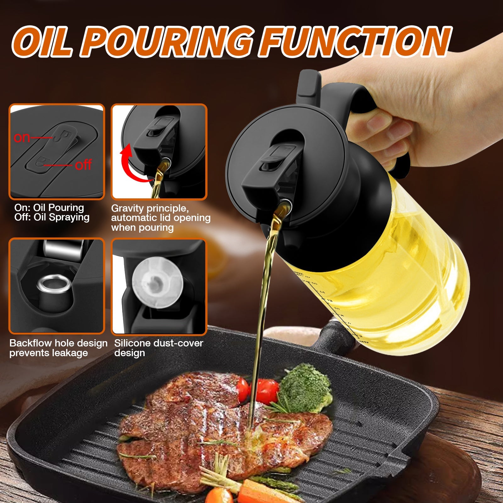 YARRAMATE 2-in-1 XL Olive Oil Dispenser & Sprayer - 18oz/550ml Food-Grade Oil Spritzer Bottle for Air Fryer, BBQ, Salad - Leakproof Kitchen Tool with 360° Spray (Black)