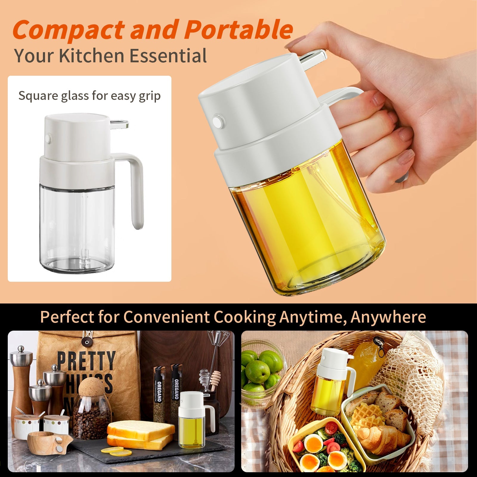 YARRAMATE Portable Mini Oil Sprayer 6.8 OZ/ 240 ML Premium Glass Olive Oil Spray Bottle for Kitchen, Outdoor BBQ, Camping Classic White