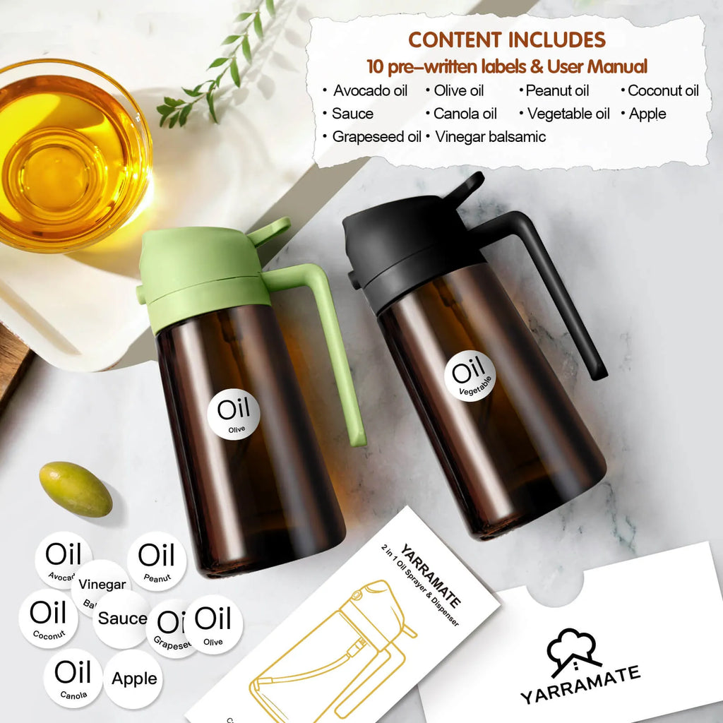 2 in 1 Oil Sprayer Bottle Dispenser, 16oz Glass Olive Oil Sprayer, Cooking Oil Sprayer Bottle for Kitchen Salad, Grill, BBQ, Dark Brown (Sticker Included)