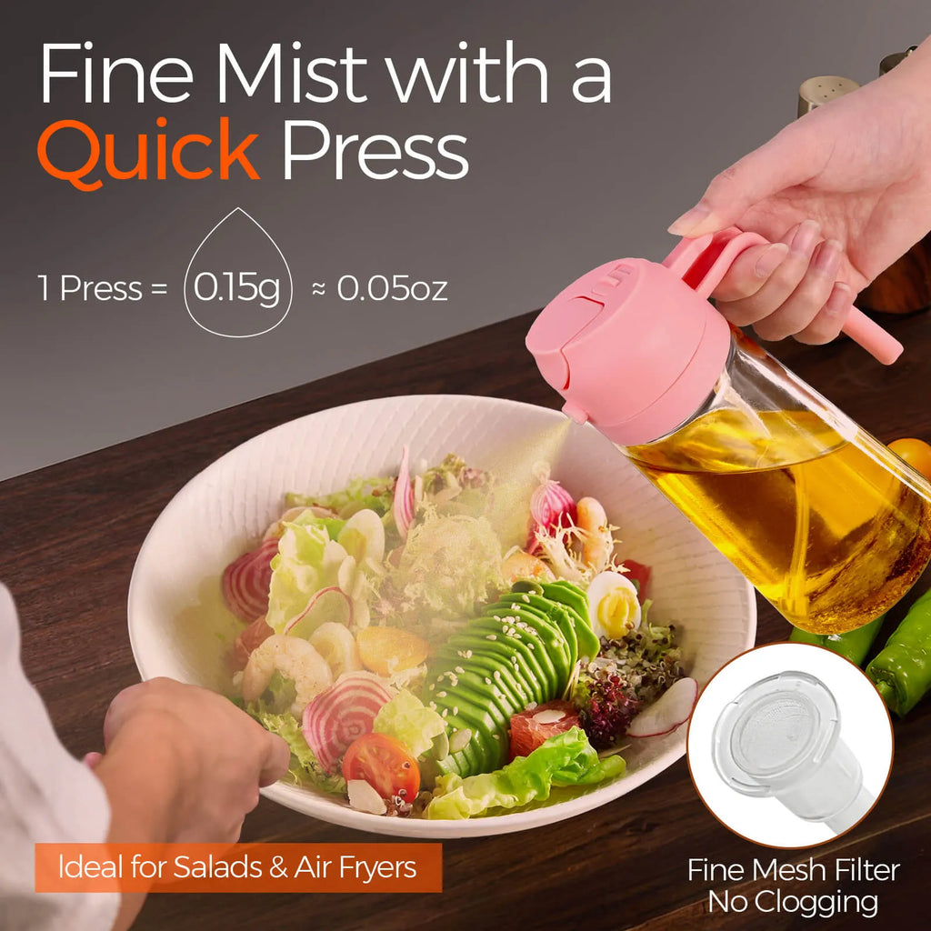 YARRAMTE 2 in 1 Oil Sprayer Bottle Dispenser 16oz/470ml Glass Olive Oil Sprayer Cooking Oil Sprayer Bottle for Kitchen Salad, Grill, BBQ (With Stickers)