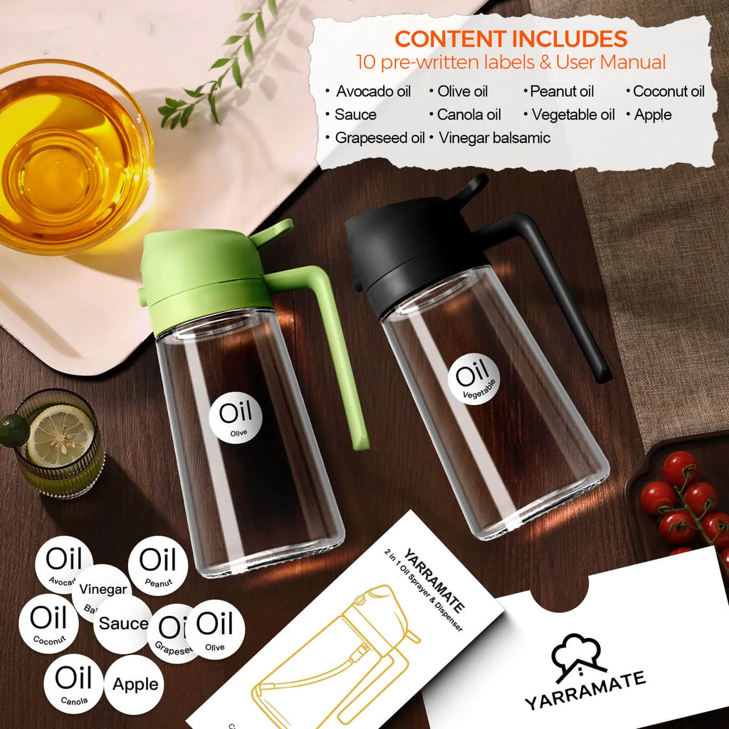 YARRAMTE 2 in 1 Oil Sprayer Bottle Dispenser 16oz/470ml Glass Olive Oil Sprayer Cooking Oil Sprayer Bottle for Kitchen Salad, Grill, BBQ (With Stickers)