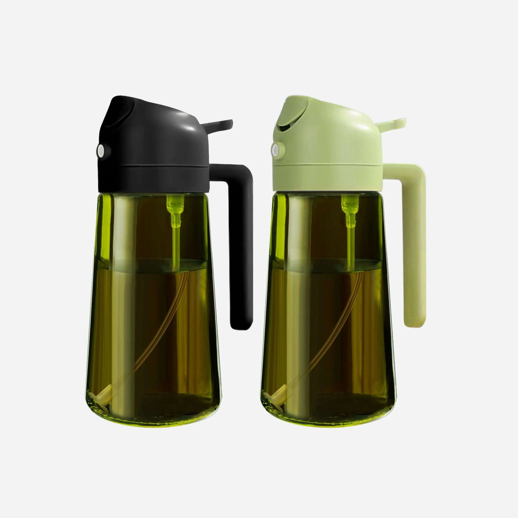 2 in 1 Oil Sprayer Bottle Dispenser 2Pcs 16oz Glass Olive Oil Sprayer Cooking Oil Sprayer Bottle for Kitchen Salad, Grill, BBQ - Dark Green (with strickers)