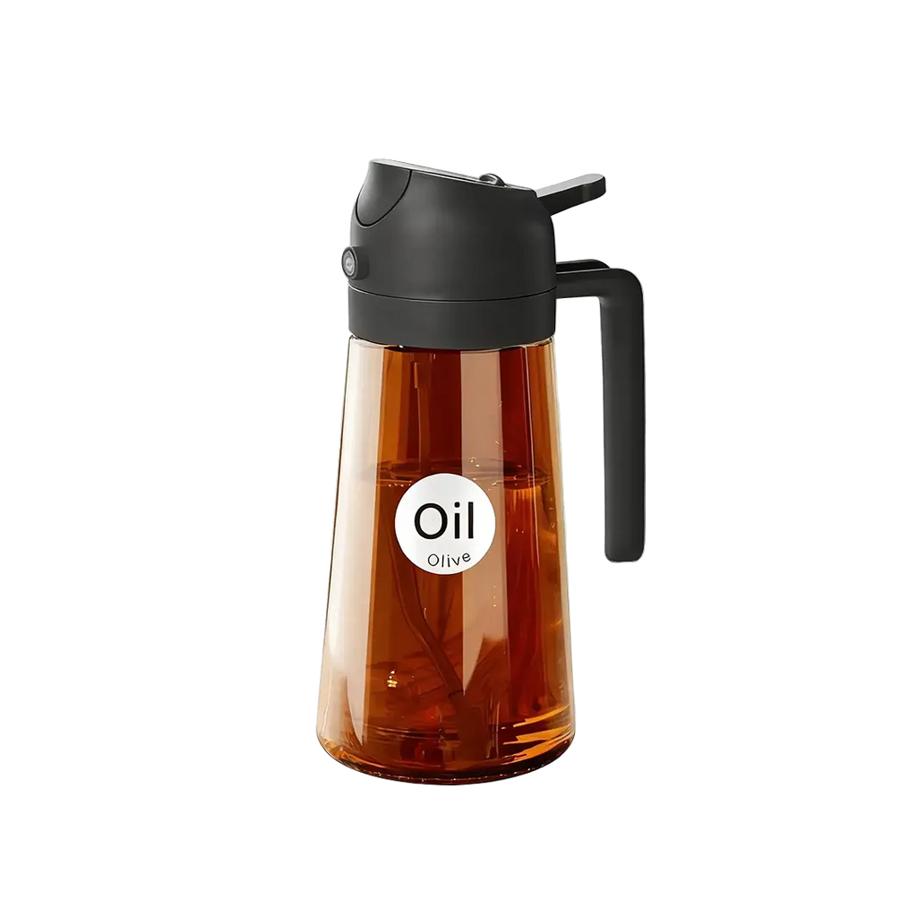 2 in 1 Oil Sprayer Bottle Dispenser, 16oz Glass Olive Oil Sprayer, Cooking Oil Sprayer Bottle for Kitchen Salad, Grill, BBQ, Dark Brown (Sticker Included)