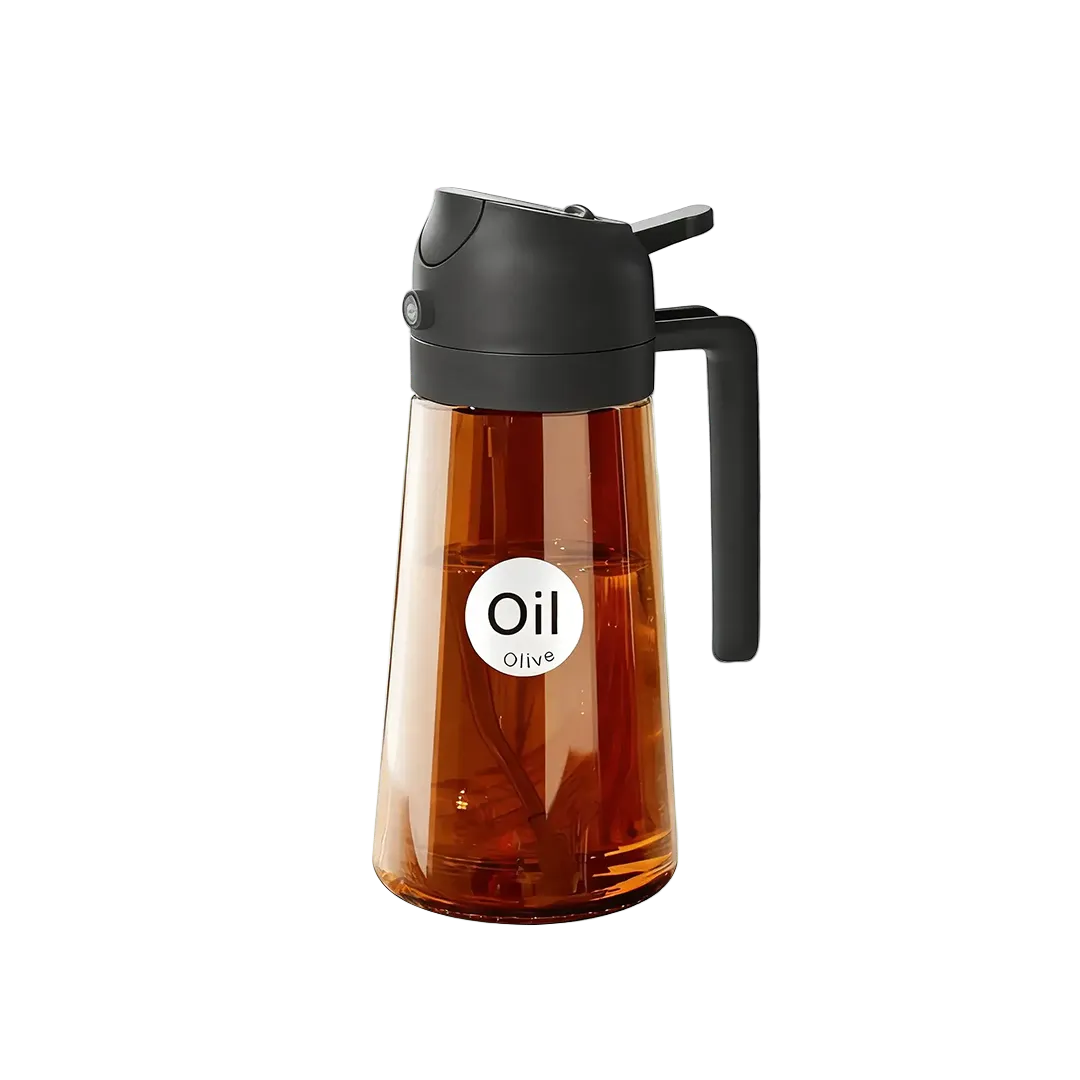 2 in 1 Oil Sprayer Bottle Dispenser, 16oz Glass Olive Oil Sprayer, Cooking Oil Sprayer Bottle for Kitchen Salad, Grill, BBQ, Dark Brown (Sticker Included)