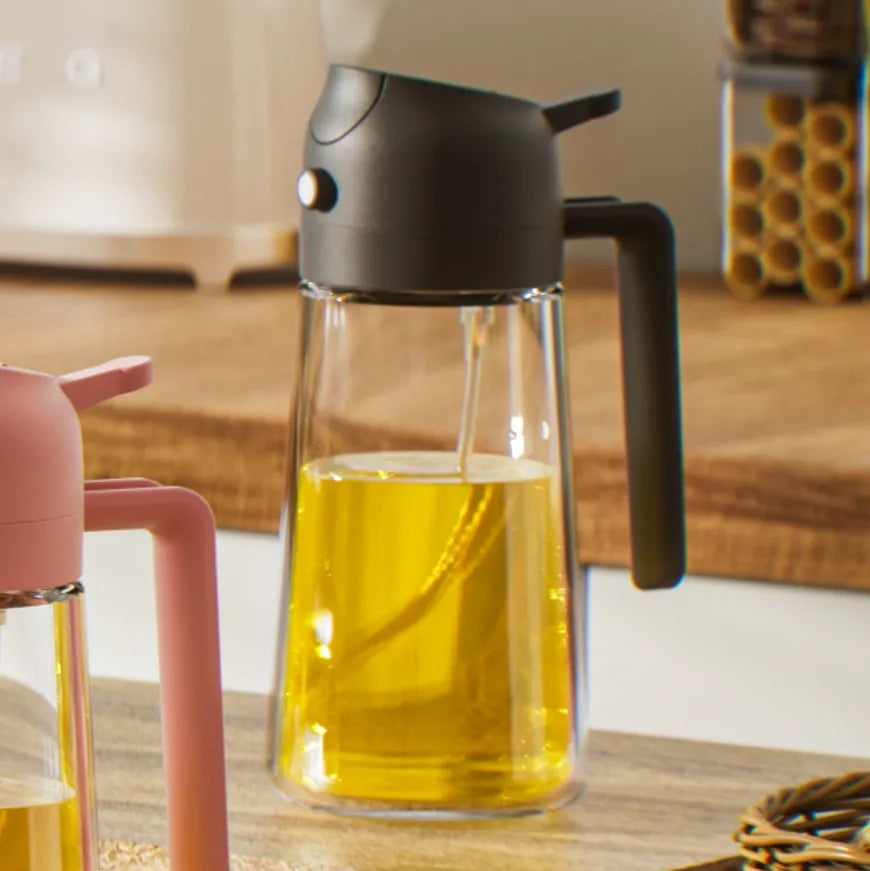 YARRAMTE 2 in 1 Oil Sprayer Bottle Dispenser 16oz/470ml Glass Olive Oil Sprayer Cooking Oil Sprayer Bottle for Kitchen Salad, Grill, BBQ (With Stickers)