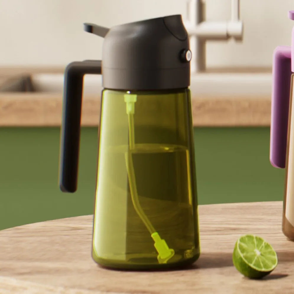 2 in 1 Oil Sprayer Bottle Dispenser, 16oz Glass Olive Oil Sprayer, Cooking Oil Sprayer Bottle for Kitchen Salad, Grill, BBQ, Dark Green (Sticker Included)